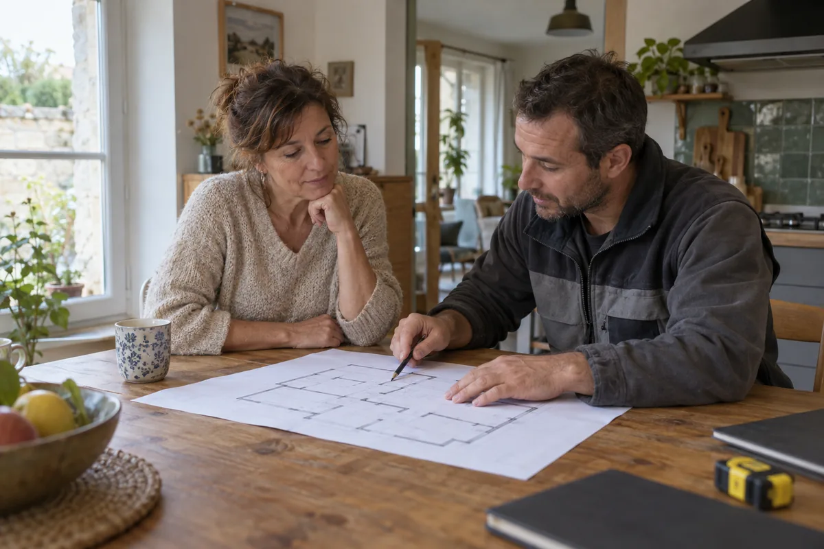 Une propriétaire échange avec un professionnel autour de son projet
